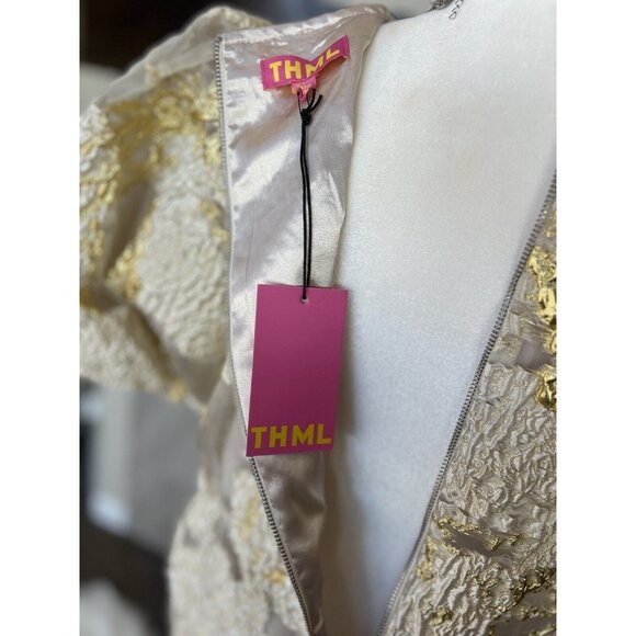 Anthropologie THML Gold White Puff Sleeve  Dress NEW Large SHOWER Wedding - Picture 10 of 16